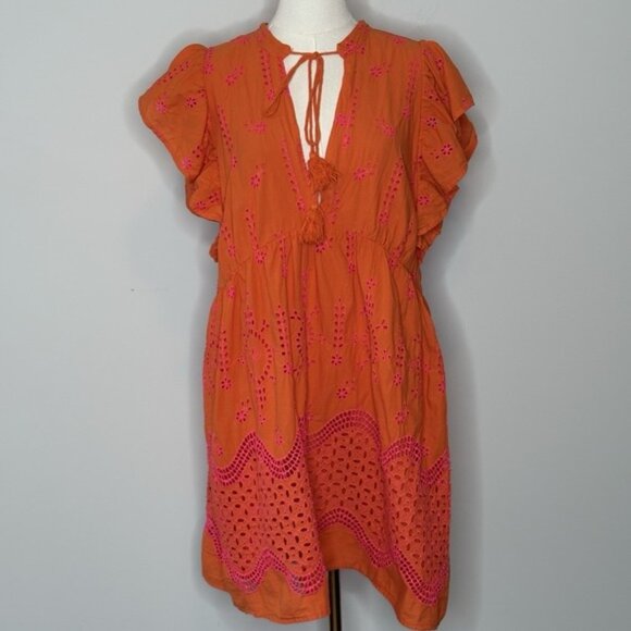 Dixie Italy Orange Eyelet Embroidered Dress Ruffle Sleeve Womens Size Medium - Picture 1 of 9